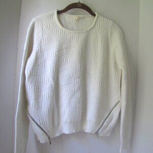 Moth White Ladies Sweater M Cotton Split Hem with Zippers Rolled Round Neck